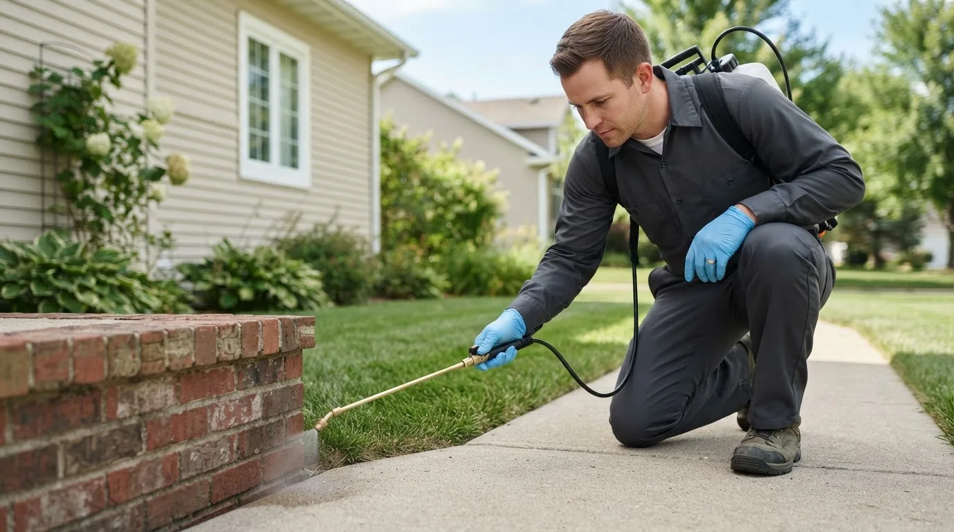 Pest control technician treating a home near Welling, OK