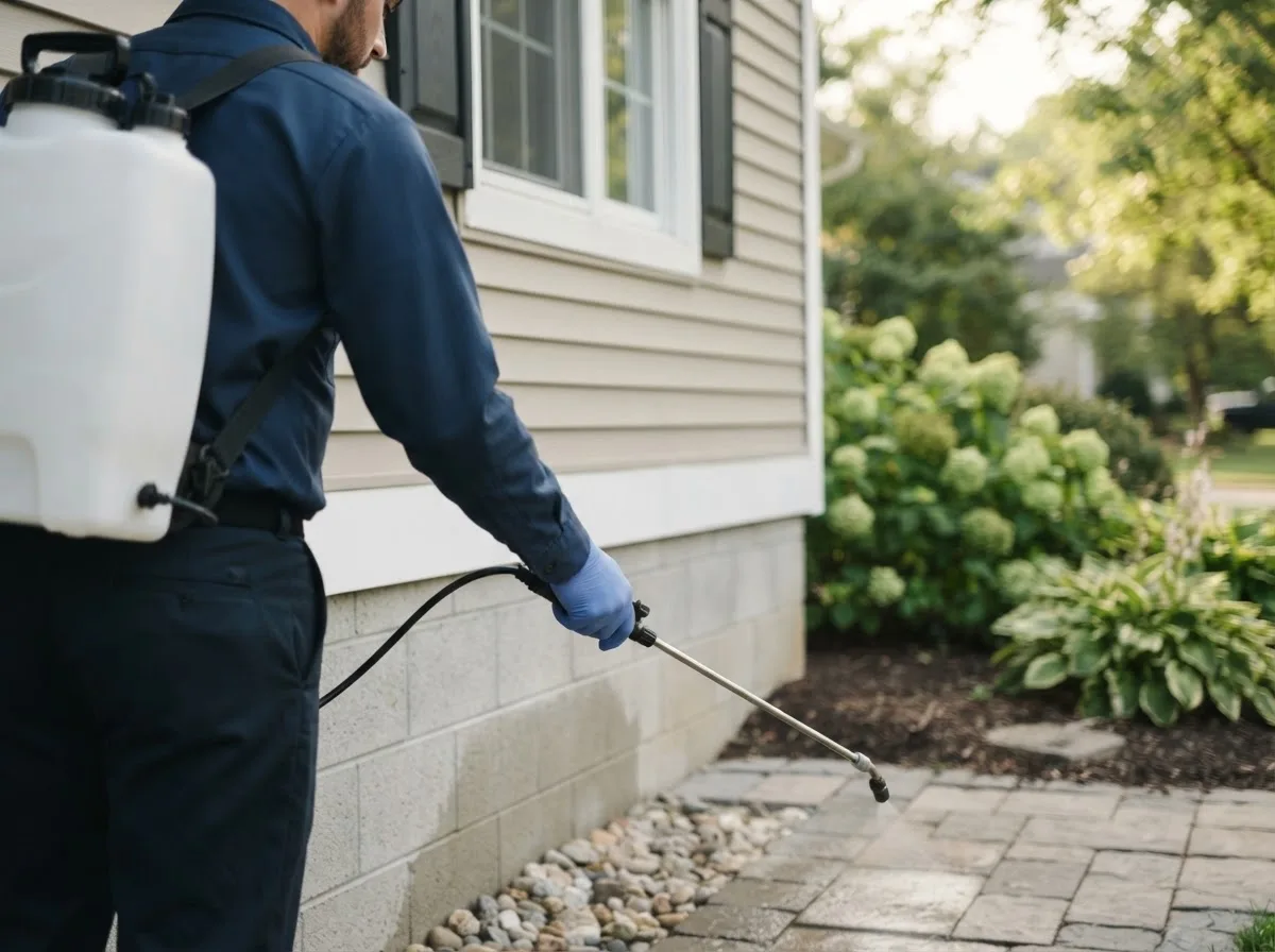 Pest control technician inspecting a home in Welling, OK